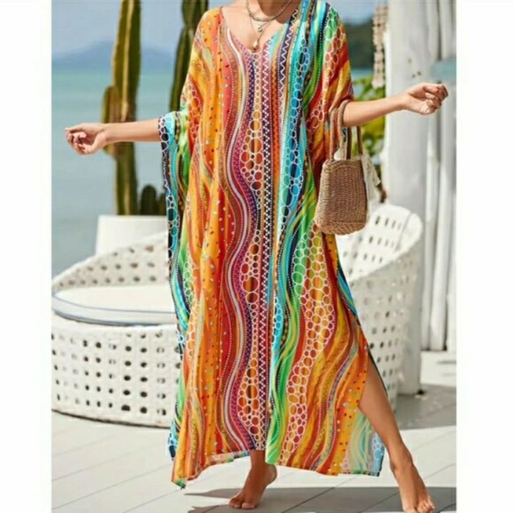 Kaftan Dress Cover Up Swim Maxi Wavy Sunshine 2X Plus Size NEW 🌈 LAST 1 🌞 - Picture 5 of 13